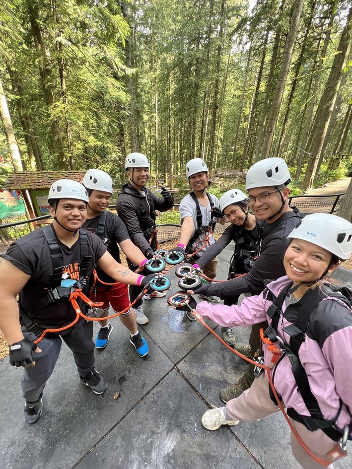 The whole crew showing off their climbing harnesses