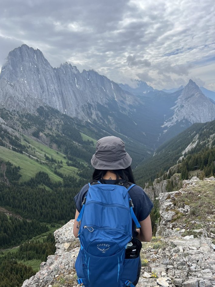 Sarah looking out over the jagged peaks of the valley
