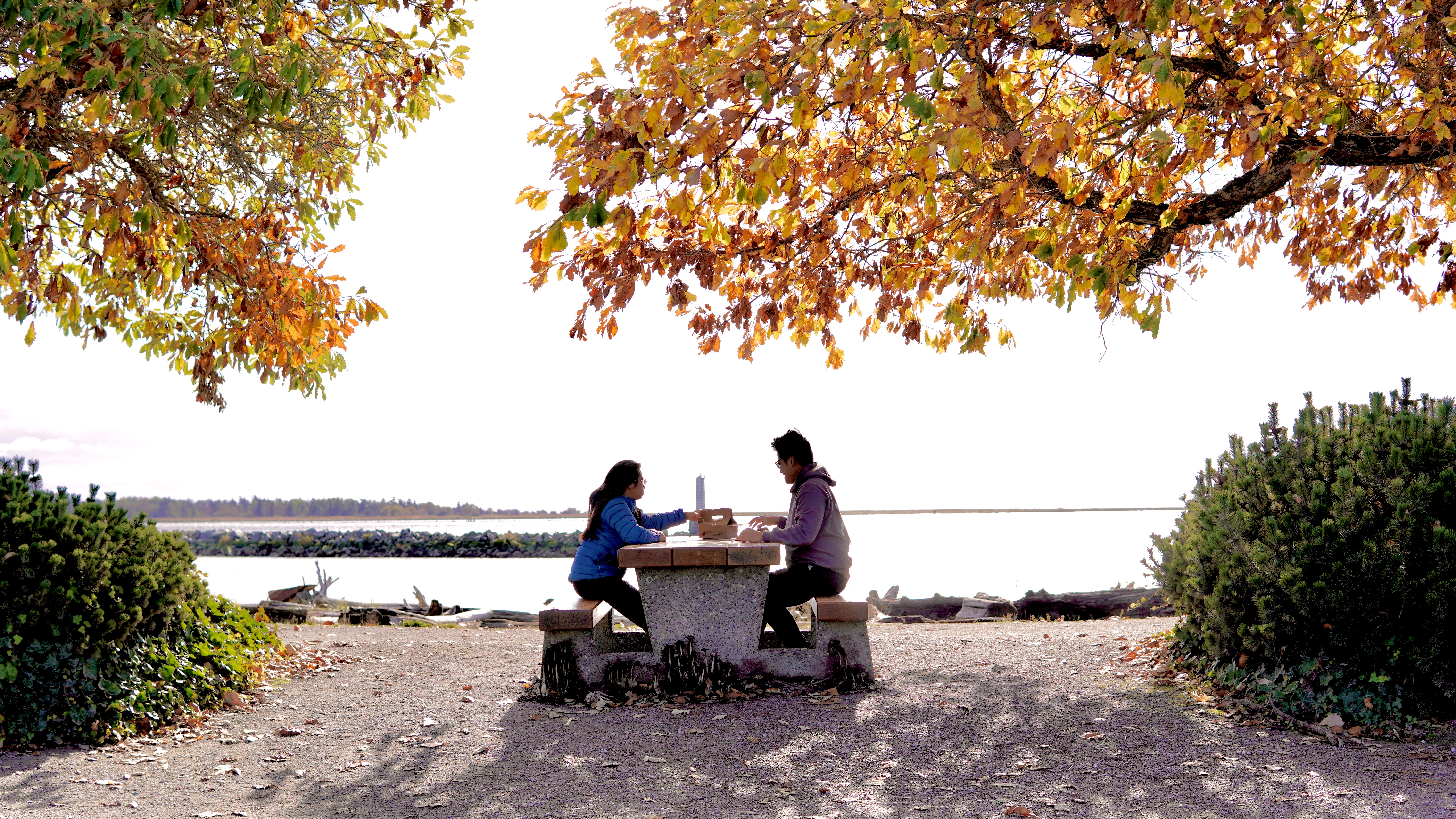 Sarah standing under yellow autumn leaves in a white hoodie with a goat on it, black pants and white sneakers.