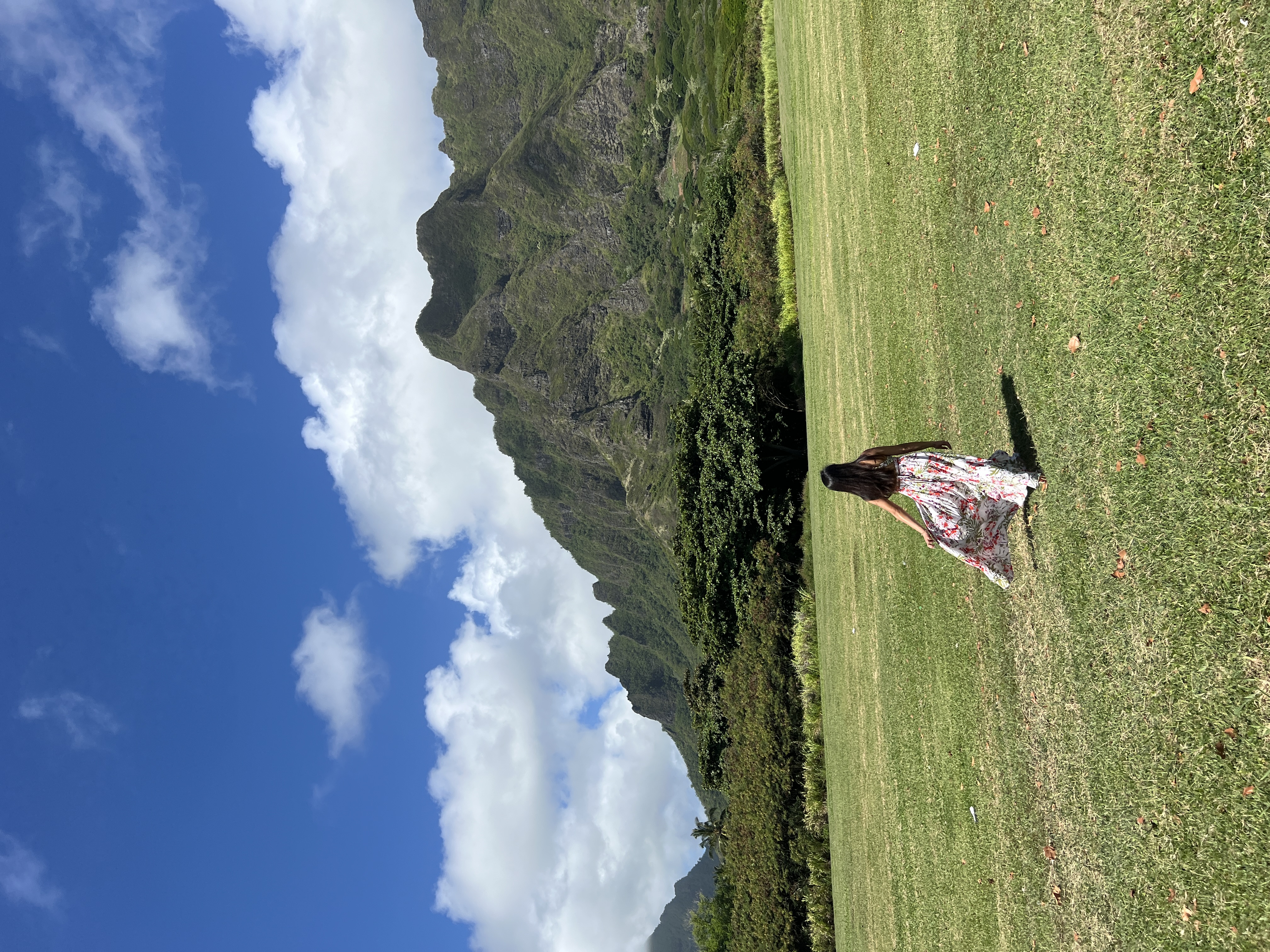 A blowhole throwing white spray beside the rocks at Lāʻie Point, a person in black standing on the shelf.