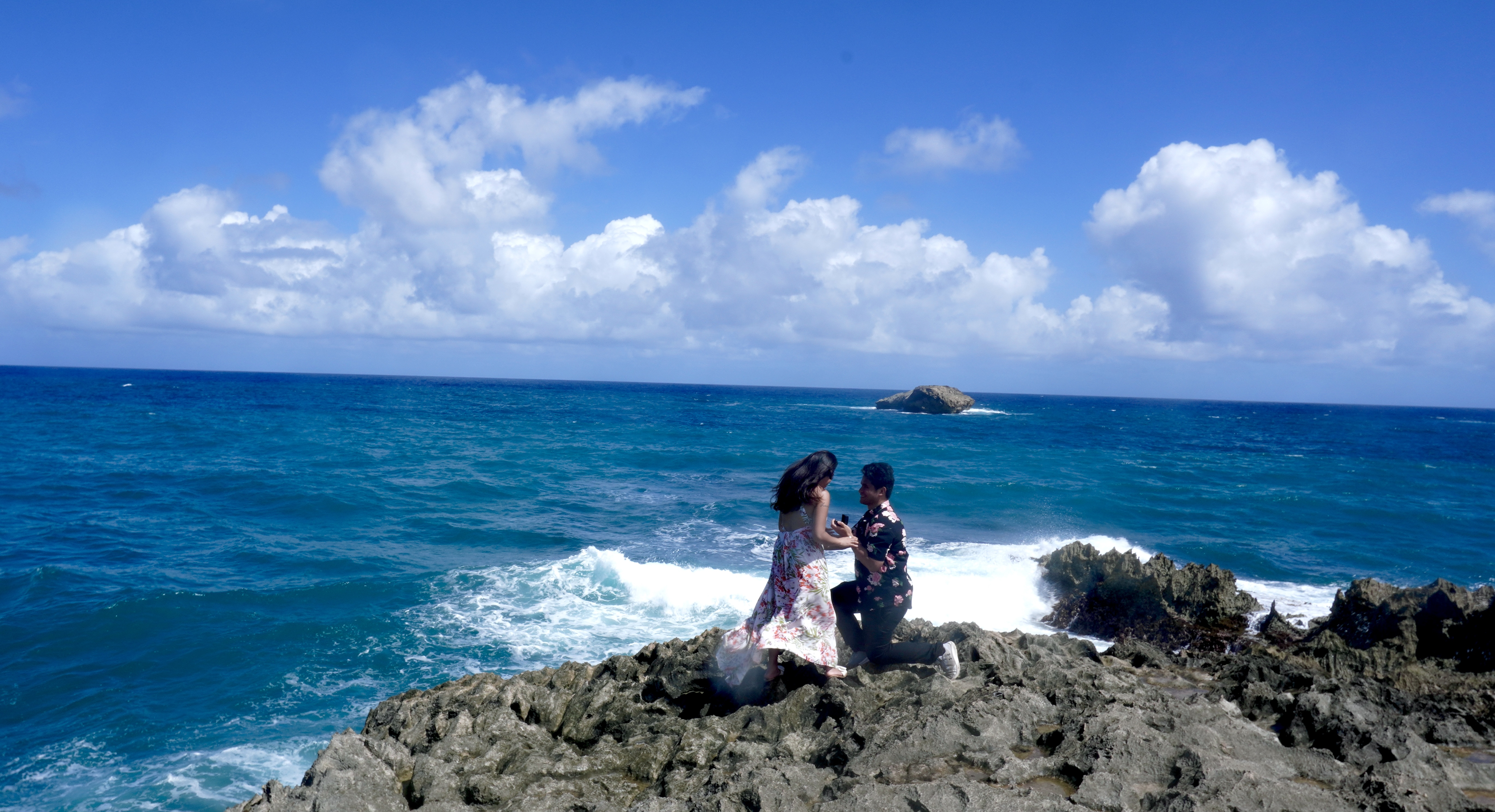 A wide view of the proposal at Lāʻie Point, Nico kneeling and Sarah in the floral dress, a small island offshore.